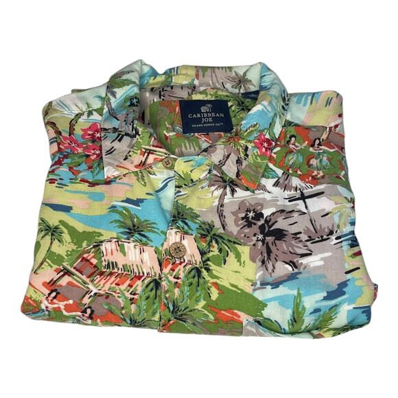 Caribbean Joe Hawaiian Shirt Large Rayon Palm Trees Huts Luau Tropical - Picture 8 of 8